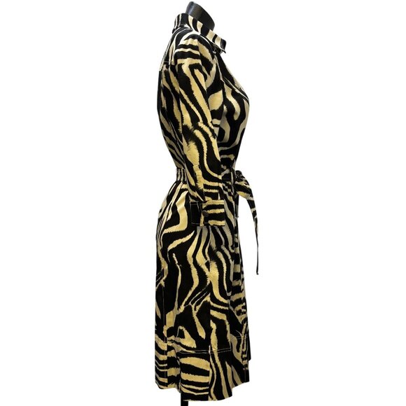 St John Sport Tan & Black Zebra Print Belted Shirt Dress With 3/4 Sleeves & Butt - Picture 3 of 8